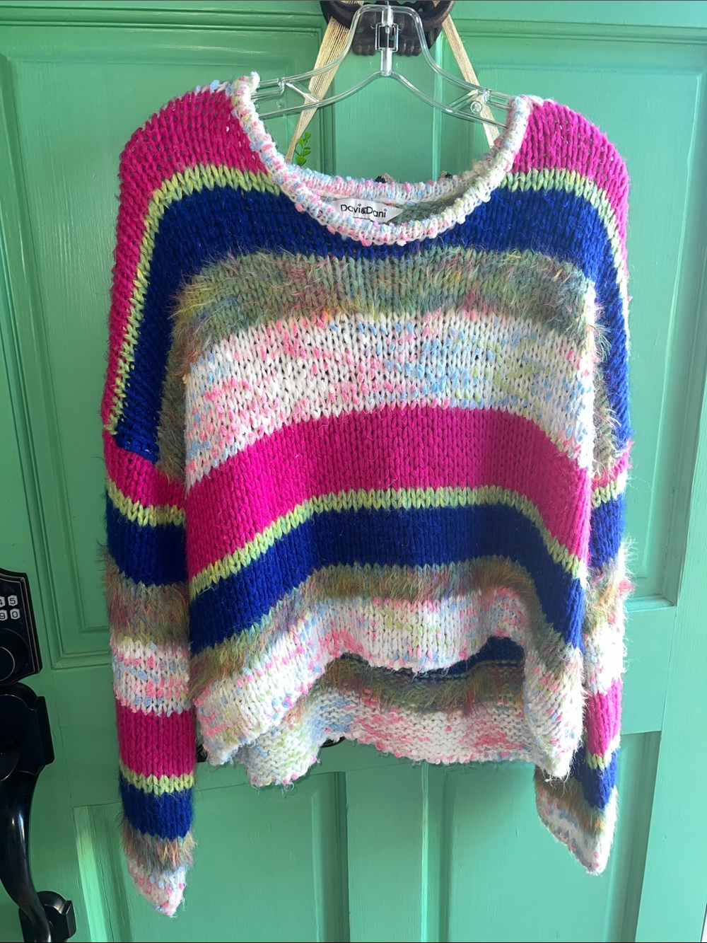 DAVI & DANI Fuzzy Striped Crewneck Sweater in Pink, Blue & Lime
